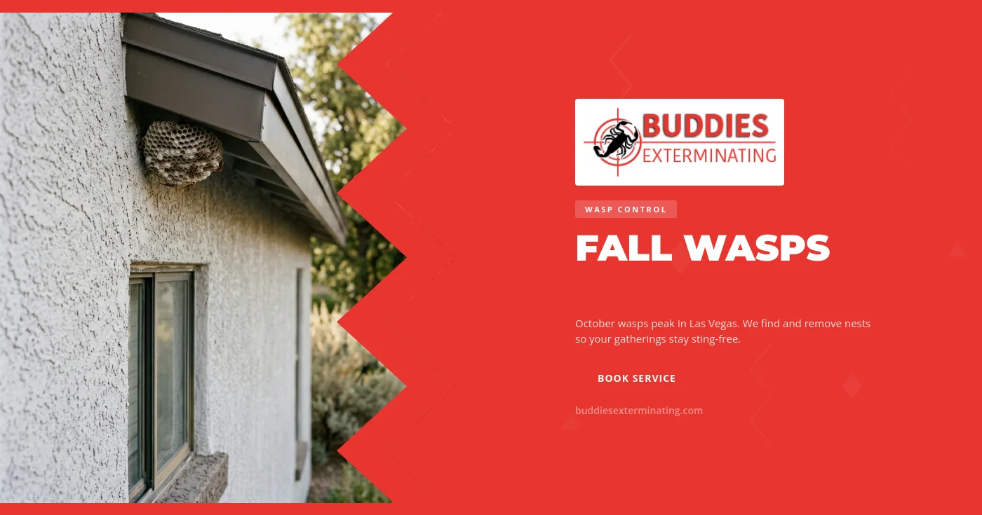 A gray paper wasp nest hanging beneath a patio cover above an outdoor dining table at a Las Vegas home on a sunny fall afternoon.